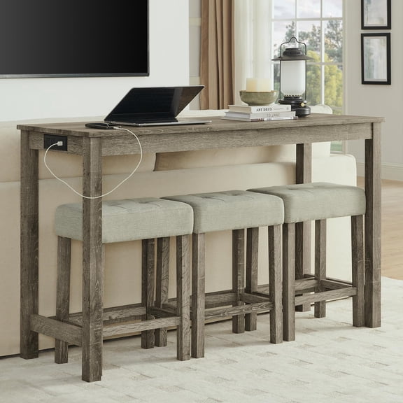 59'' Power Outlet Bar Table Set, Industrial Dining Table with 3 Padded Stools, Compact Wooden Console Table for Small Kitchen or Breakfast Nook, Brown