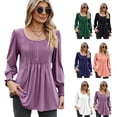 thumbnail image 2 of Tops para mujer Moda Imperio Cintura Cuello redondo Manga larga Color sólido Camisetas Casual Puños elásticos Blusa arrugas, 2 of 5