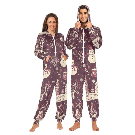 Christmas Snowmans Houses Adult Onesie Pajamas Slim Fit Christmas One Piece Suit Pjs for Women and Men Hooded Zipper