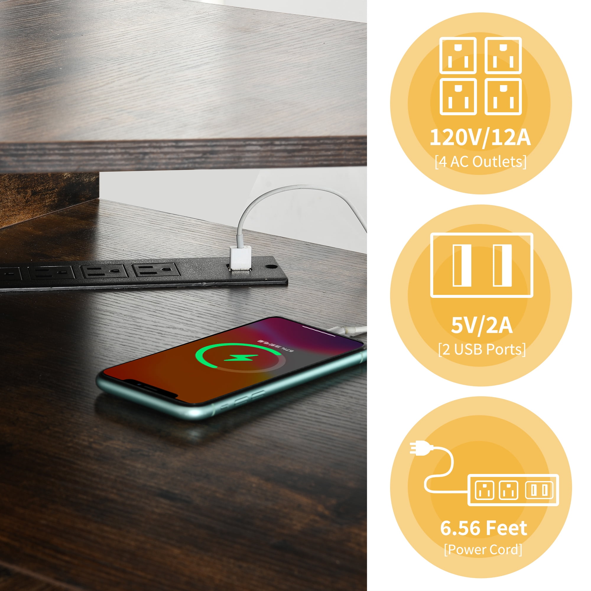 Uforic L-Shaped Desk with Power Outlets& LED Lights, Corner Computer Desk for Home Office, Brown