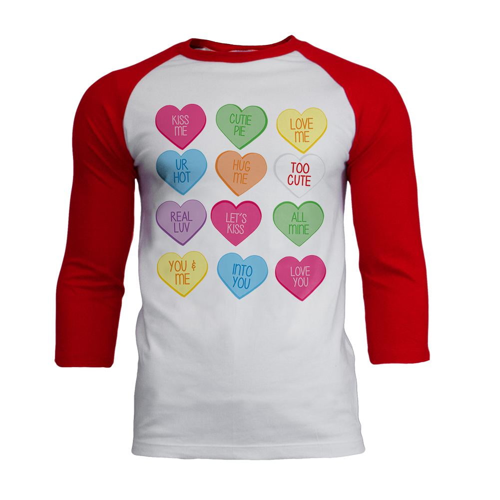 Valentine's Day Candy Hearts Mens Soft Raglan T Shirt WhiteRed LG
