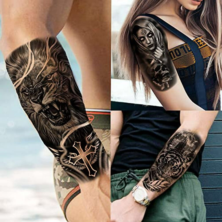 COKTAK 64 Sheets Large Black Arm Temporary Tattoos For Men Forearm Women  Thigh, Half Sleeve Animals Lion Tiger Wolf Temp Tattoo Stickers Adults,  Death