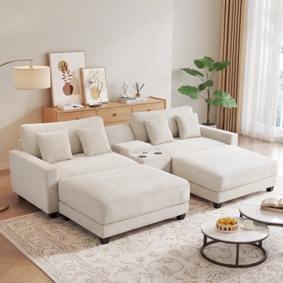 ZRIANG 111.8" U-Shaped Modular Sectional Sofa with 2 Ottomans, 4-Seat Oversized Corduroy Couch with Storage Box, USB/Type-C Port & 2 Cup Holders for Living Room, Beige