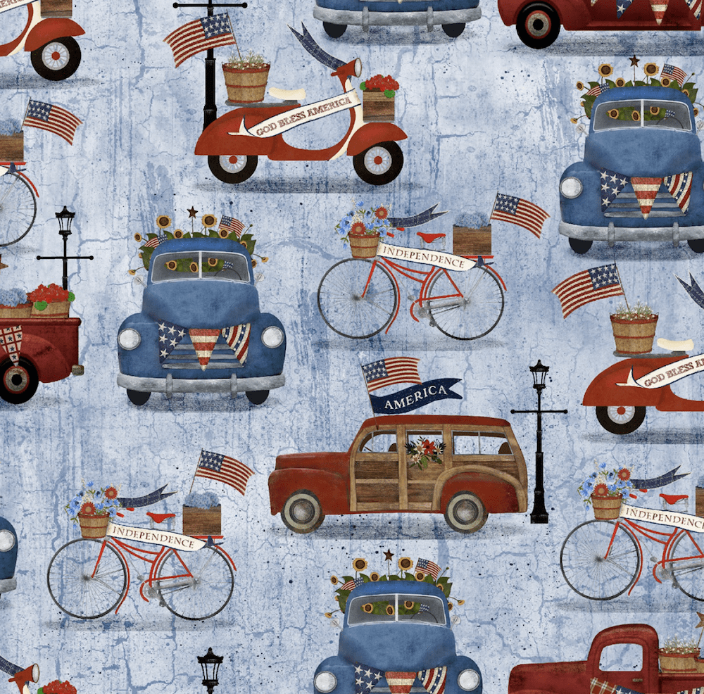 17348-GRN-CTN-D Cotton Patriotic Campers Camping Red White and Blue Independence Day USA Patriotic Summer Fabric Print by the Yard D306.55