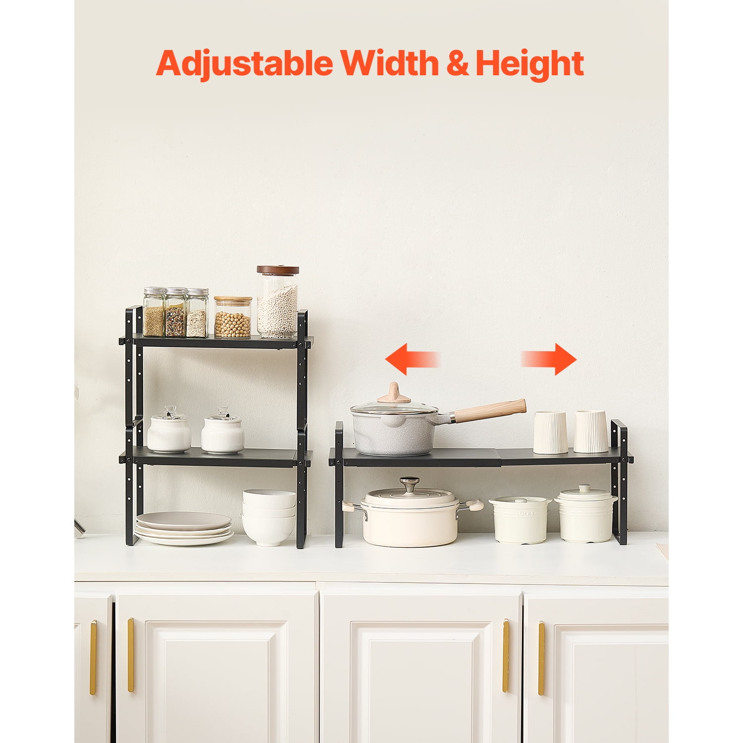 KFFKFF Flexible Kitchen Cabinet Storage, 2 Level Expandable Cabinet Organizer, Stackable Shelf for Countertop Storage, Shelf Elevators for Kitchen, Bathroom, and Office Use, Black