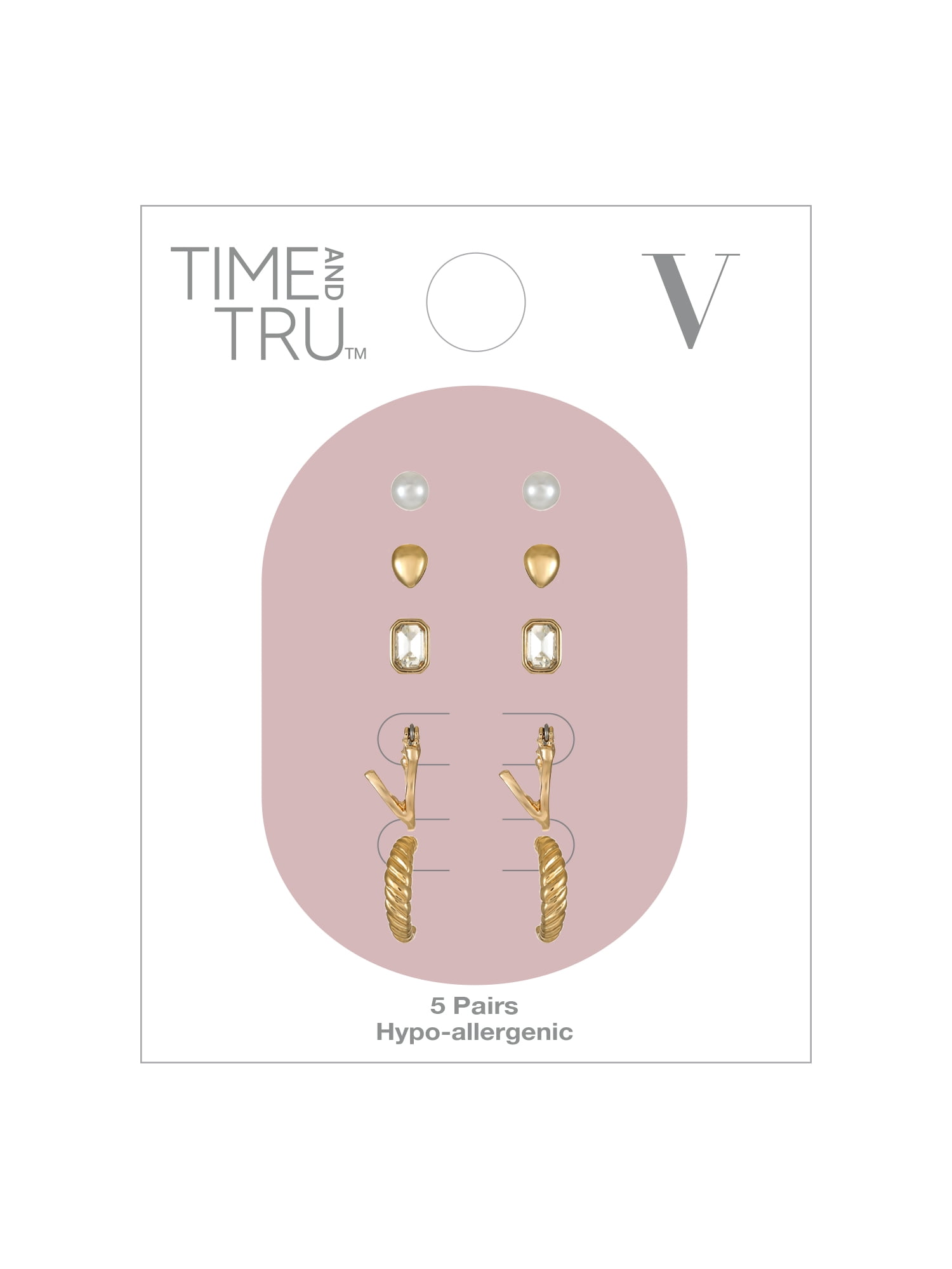 Time and Tru Goldtone Multi Earring Set, 5 Pairs, Initial V