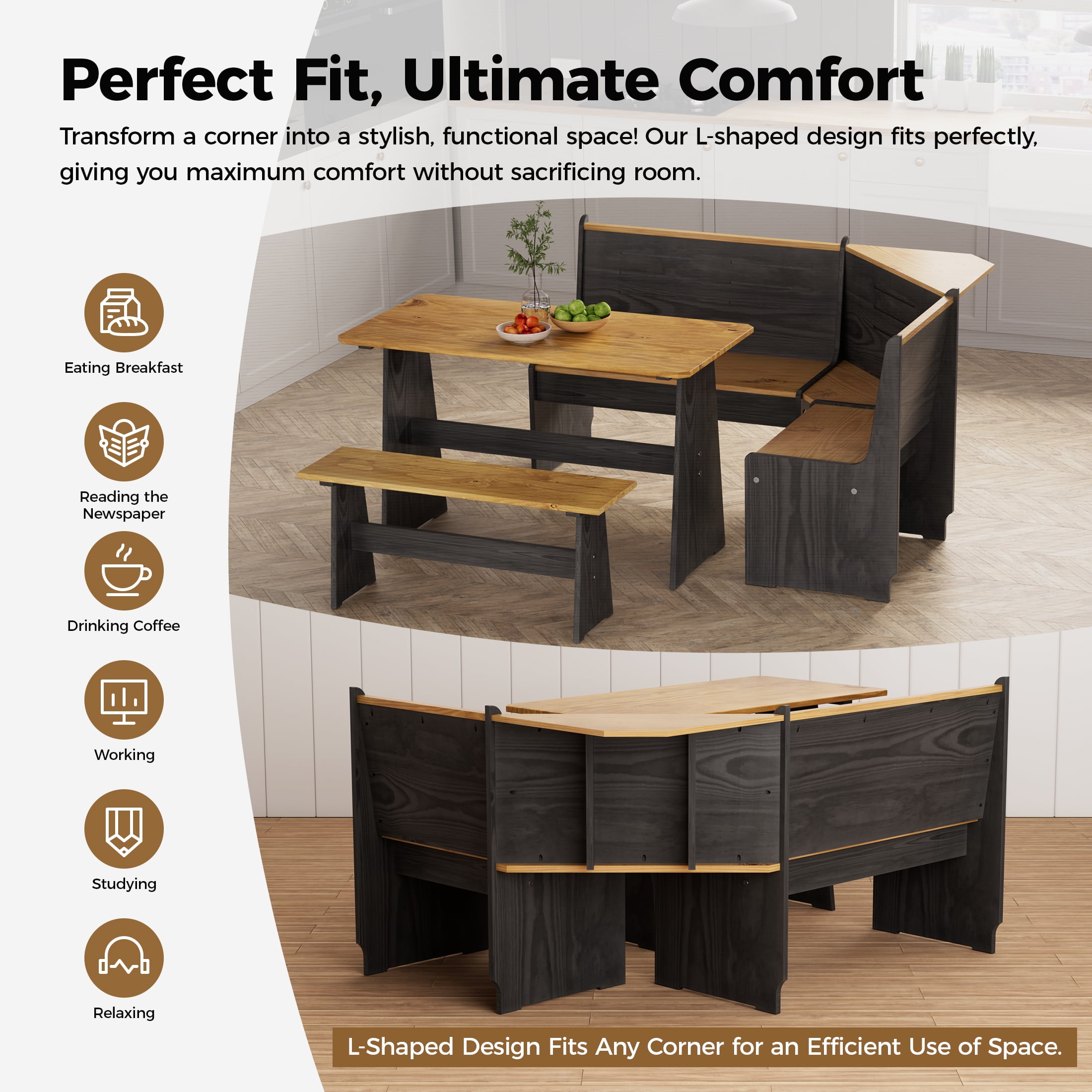 Nook Table Dining Room Sets for 3-5 with Bench,Breakfast Nook Kitchen Corner Dining Table Set, Farmhouse Corner Banquette Seating, Black/Oak