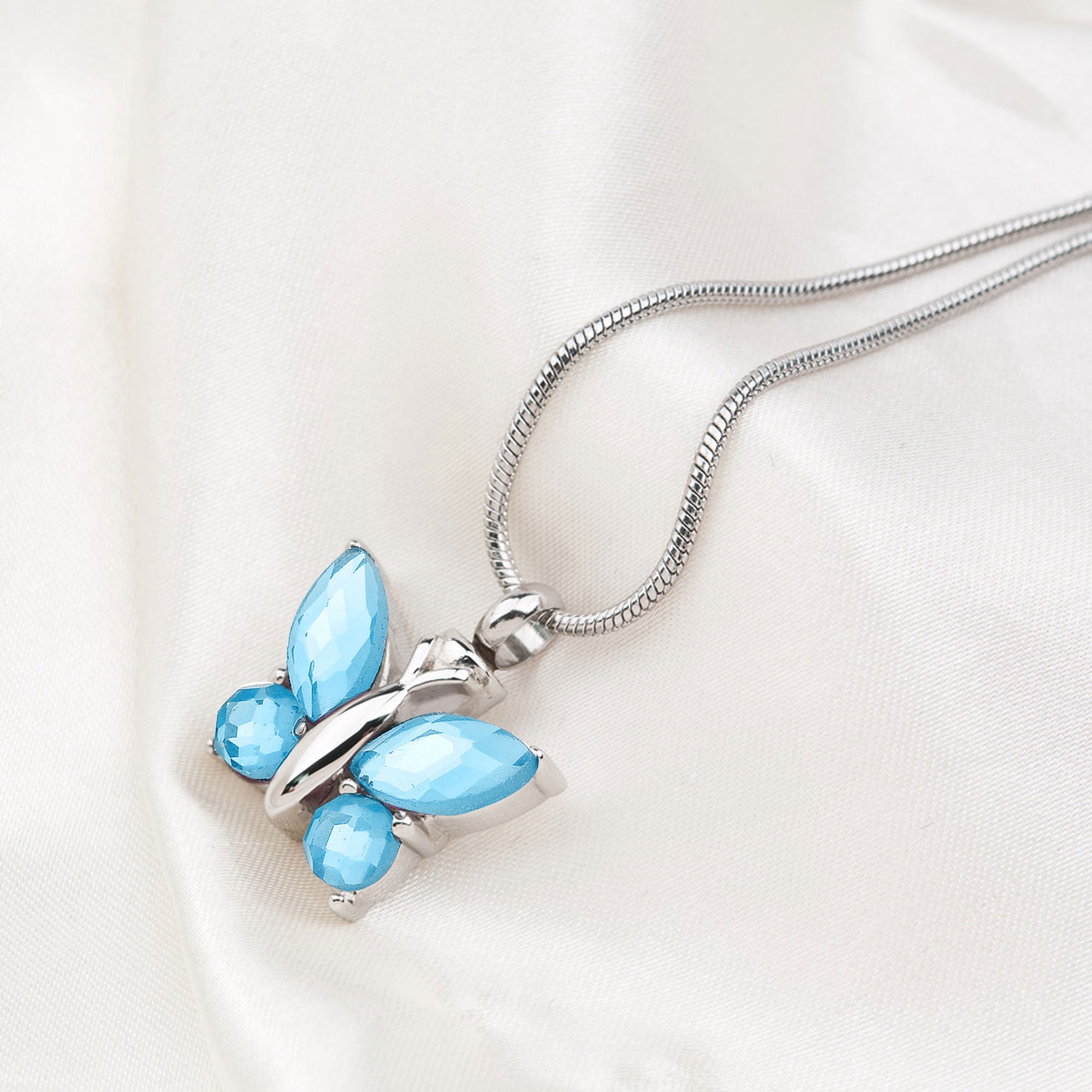 Women's Aqua Human Cremation Jewelry Murano Glass Butterfly Funerl Urn Pendant Necklace for Ashes Memorial Keepsake with Free Fill Kit and Velvet Jewelry Box