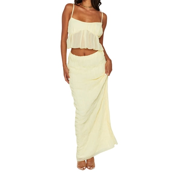 LMLYSoH Women’s Two Piece Summer Outfits Sleeveless Ruffle Hem Cami Tops and Long Skirt Set Beachwear