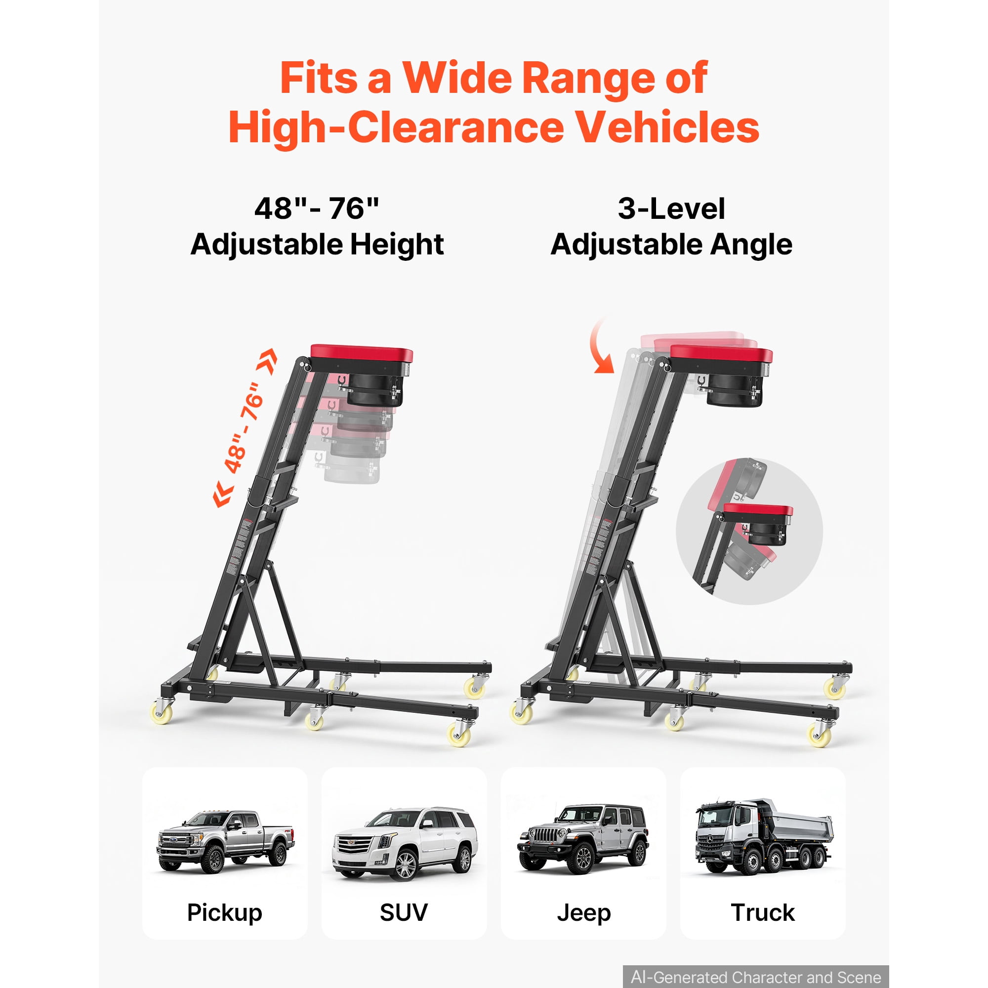 KFFKFF Adjustable Automotive Creeper 48"-76" with Folding Arm, Foldable High-Top Engine Creeper, 400LBS Capacity, Durable H-Shaped Base, 6-Wheel Smooth Mobility for Vehicle Maintenance