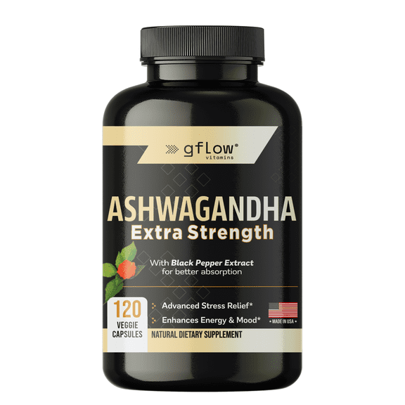 Gflow Vitamins Ashwagandha Supplements - ashwagandha Powder Capsules Extra Strength 6000mg with Black Pepper | Mood Support, Focus, Energy Support | Vegan Friendly, Non-GMO, USA Made
