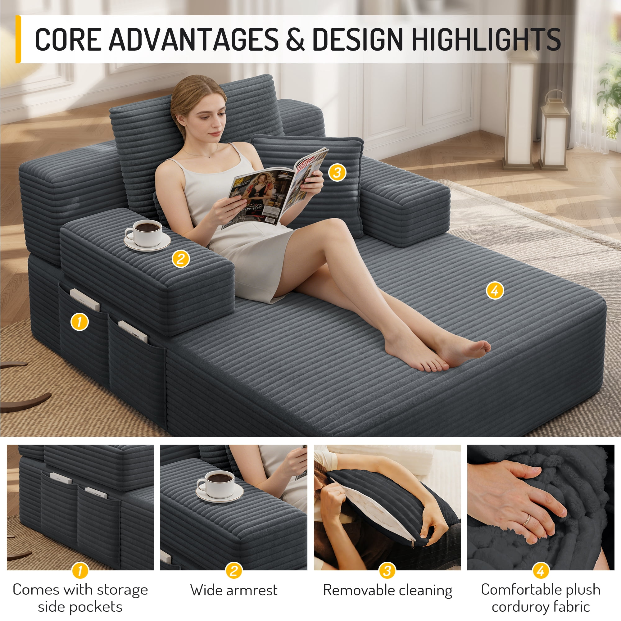 Aukfa Chaise Lounge Chair Indoor, Oversized Corduroy Boneless Sleeper Sofa Bed with Storage Pockets, Adjustable Backrest&3 Pillows, Reading Couch for Living Room Apartment, Dark Gray
