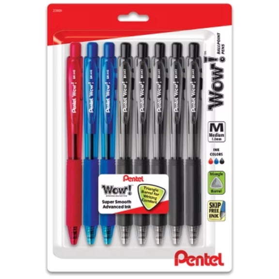8ct Wow! Ballpoint Pens 1mm Black/Blue/Red