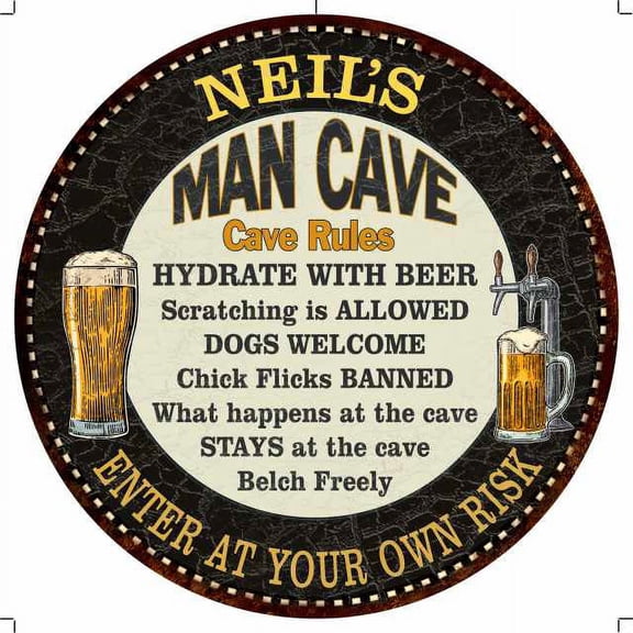 NEIL'S Man Cave Rules 14" Round Metal Sign Garage Bar Decor 100140010094