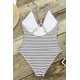 thumbnail image 3 of Traje de baño de una pieza para mujer, con rayas, escote redondo y espalda cruzada, para playa, 3 of 6