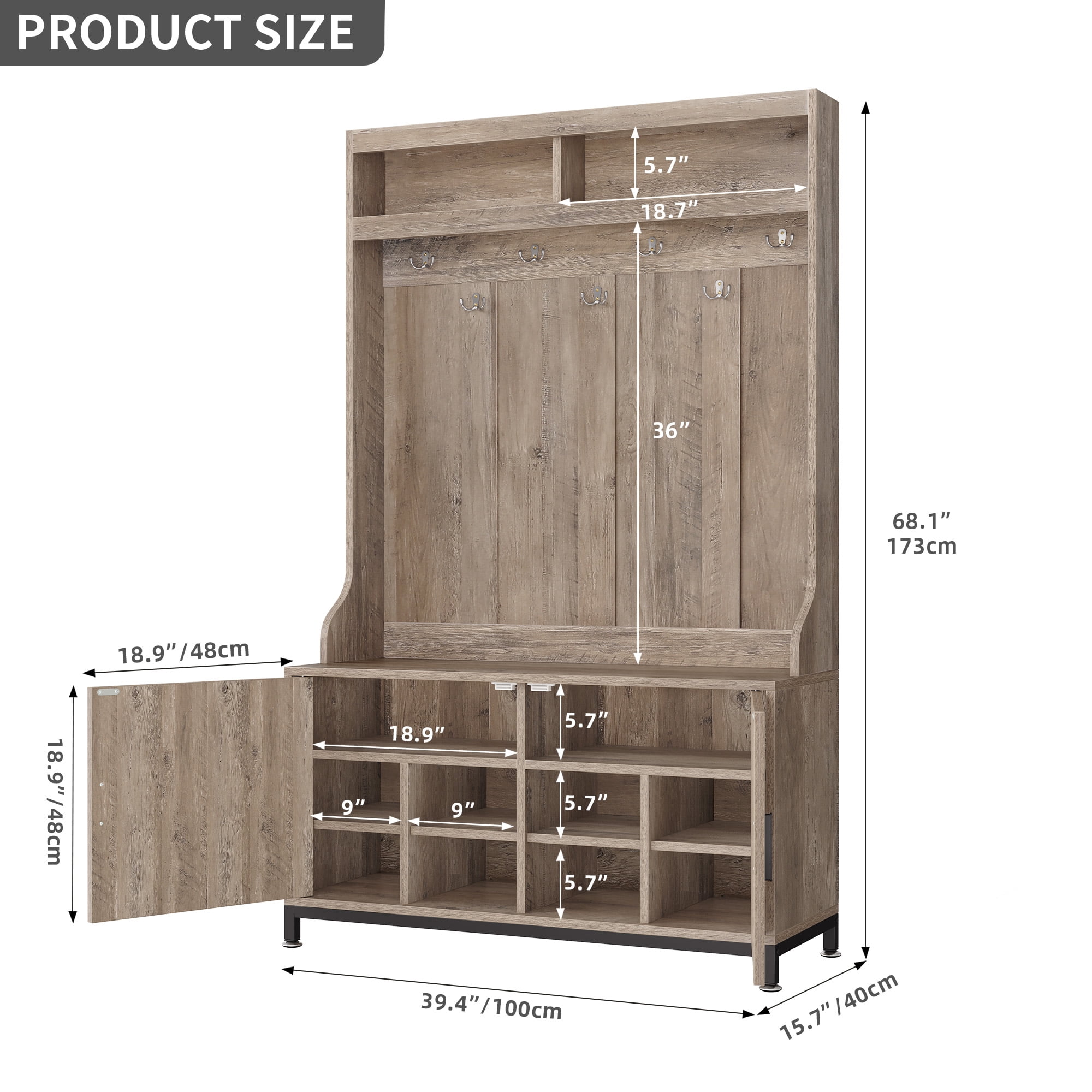 Uforic 4-in-1 Coat Rack with 14 Hooks, Farmhouse Hall Tree with Storage Bench, Shoe Cabinet for Hallway, Living Room, Rustic Oak