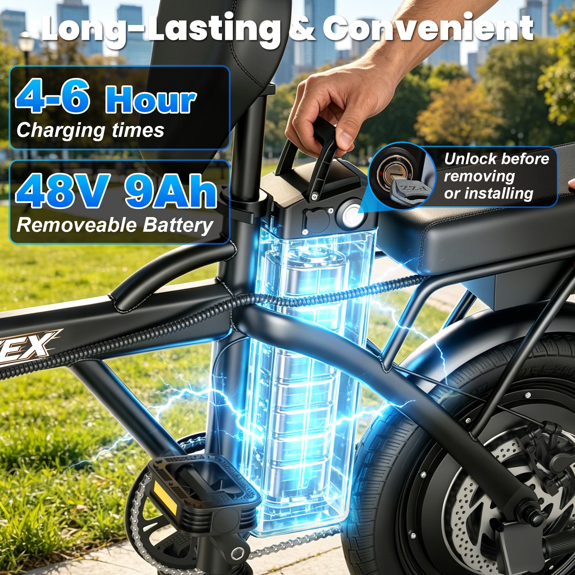 HQYEX HQ14PRO 500W Adult Electric Bicycle, 14 Inch Fat Tire Ebike with 48V 9Ah Rechargeable Battery, Max Speed 22MPH, Dual Brakes & Full Suspension, Adjustable Seat, Perfect for Commuting E Bike