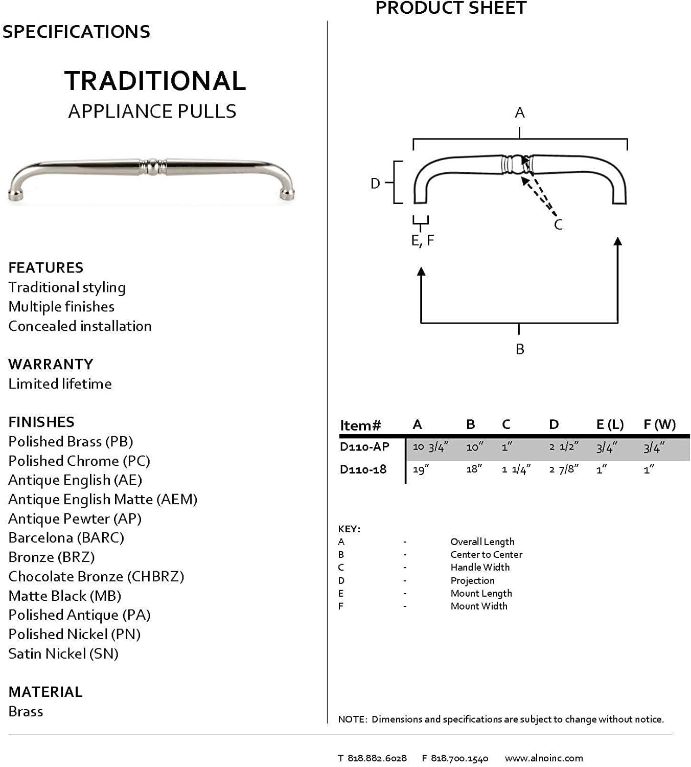 Alno D110-18-MB Classic Traditional 18 Inch Appliance/Cabinet Pull Matte Black