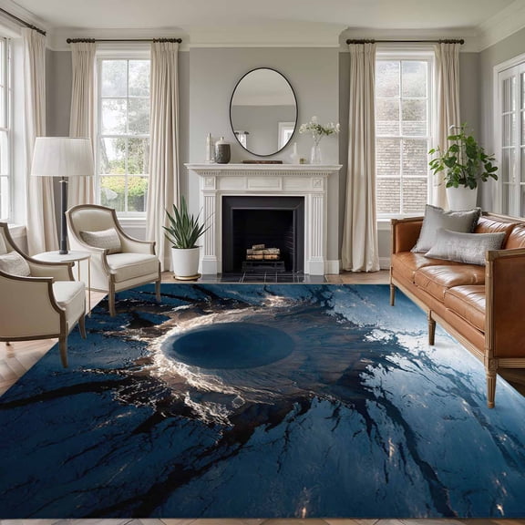 Nature Meteorite Crater Modern Aerial View Blue Earth Surface , Soft Non Slip Rugs Stain Repellent Indoor Felt Carpet for Living Dining Room Bedroom Home Office