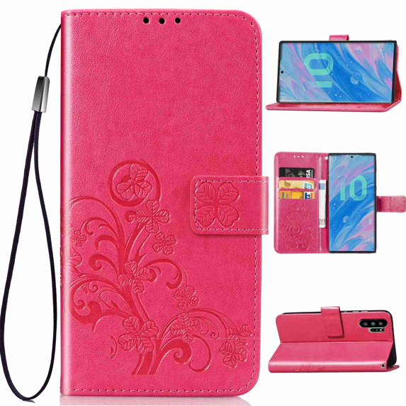 Dteck Case For Samsung Galaxy Note 10 Plus Wallet Case, Wallet Flip Folio Case Kickstand Card Slots Embossed Four-leaf Clover PU Leather Wallet Shockproof TPU Bumper Ultral Slim Cover - Rose