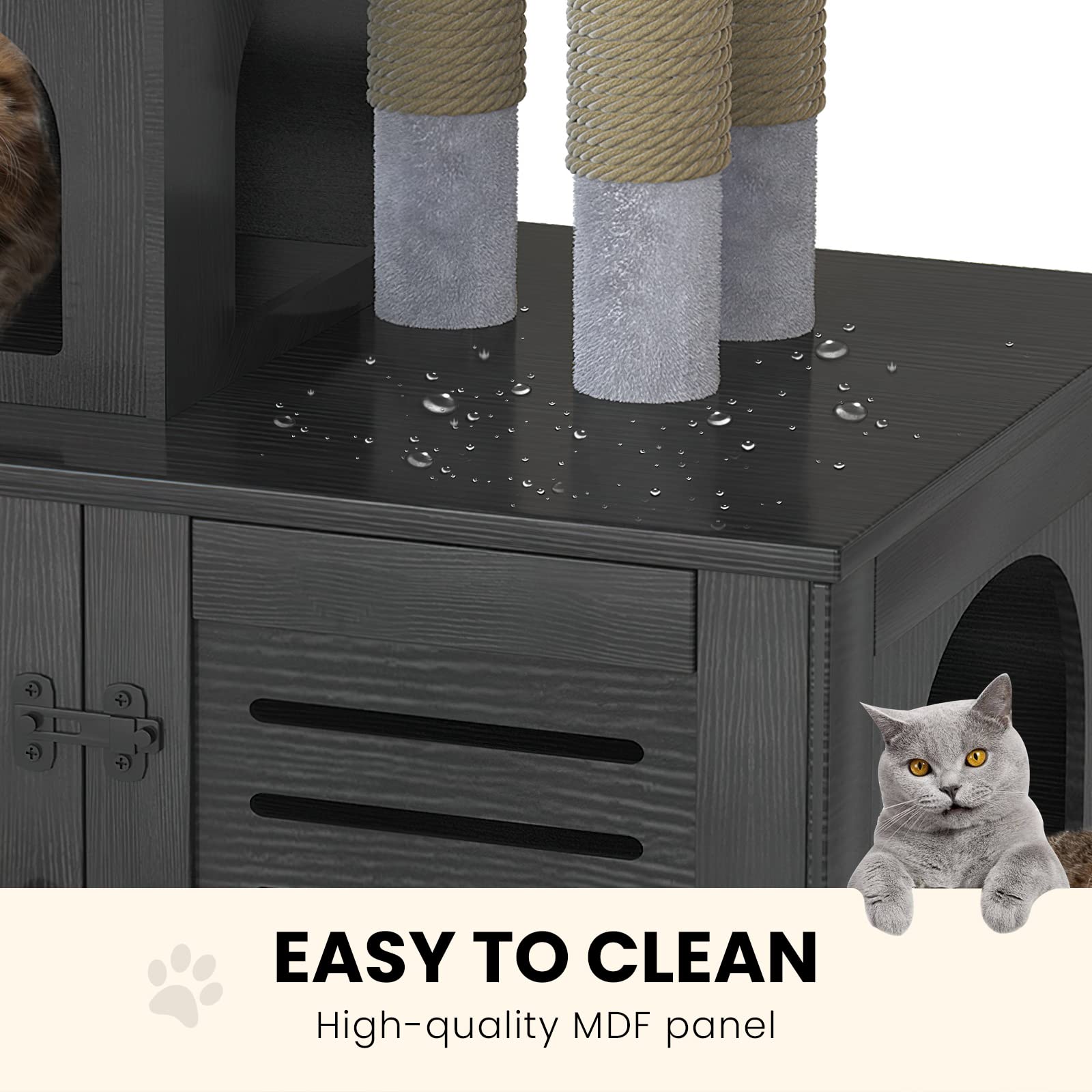 Baxluxe Cat Litter Box Enclosure with Cat Tree, Hidden Cat Washroom Furniture with Divider, Wooden Cat House with Platform, Scratching Post and Soft Plush Perch, Indoor Pet Cabinet, Black