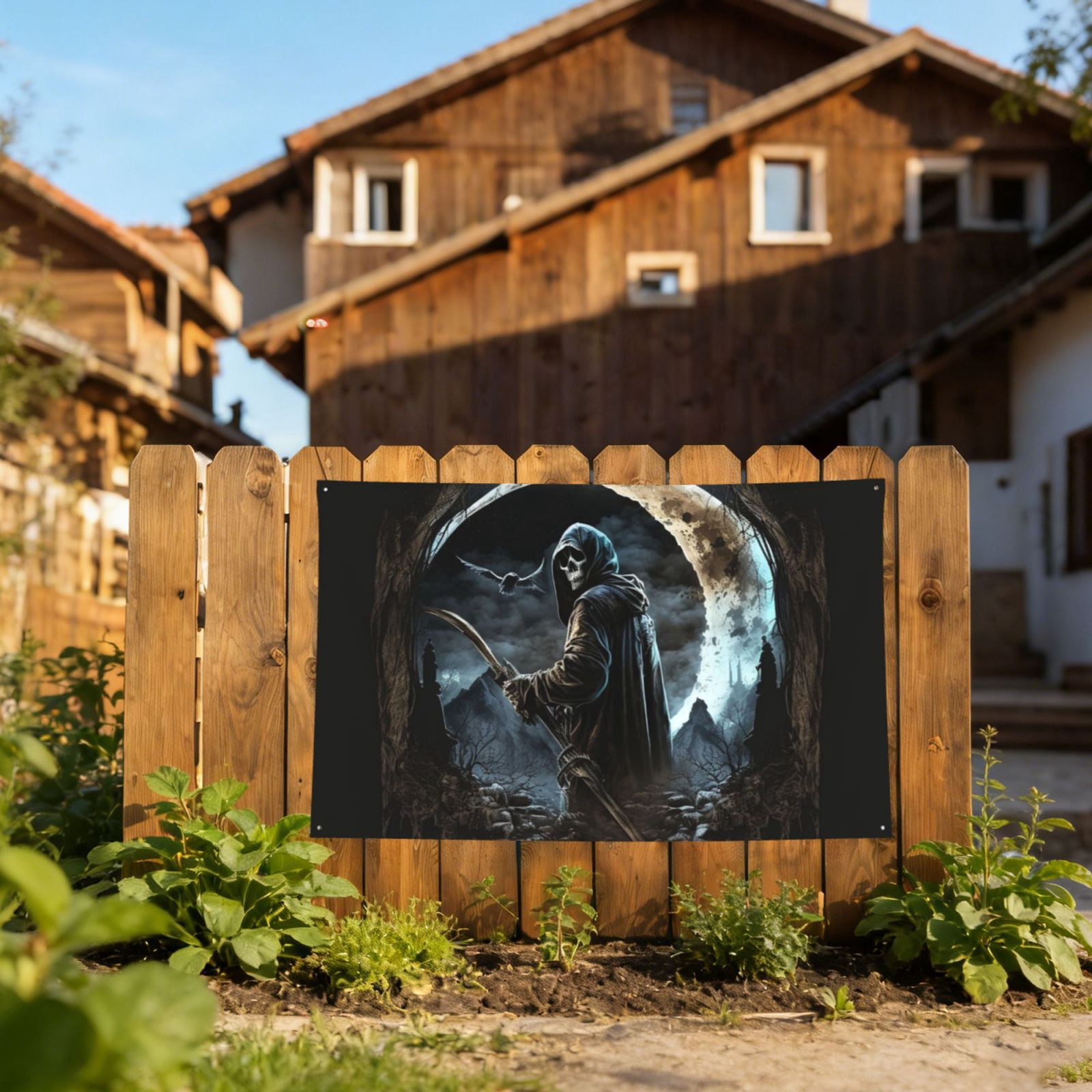Cool Grim Reaper Night Skull Moon Four Hole Decorated Banner Flag for Garden Yard Home Decoration Indoor Outdoor 4x6 Ft