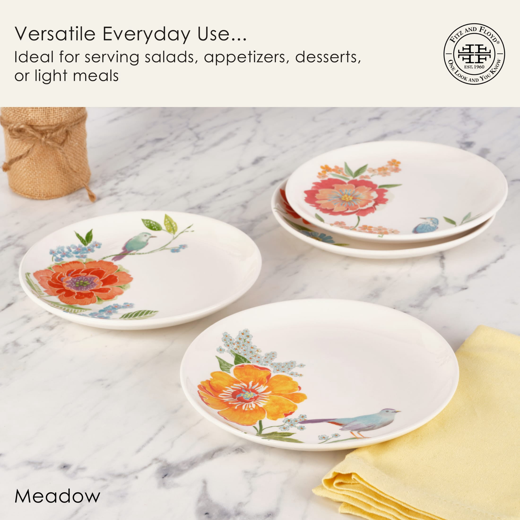 Fitz and Floyd Meadow 8 1/4" White Round Earthenware Party Plate (4 Count)