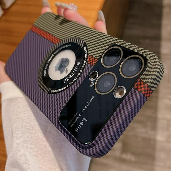 Carbon Fiber Patten Magnetic Case for iPhone 14 13 12 11 Pro Max [Compatible with Magsafe ] [Camera Cover with Lens Protector ] Logo View Matte Thin Slim Hard Cases (Green Purple,for iPhone 13 Pro)