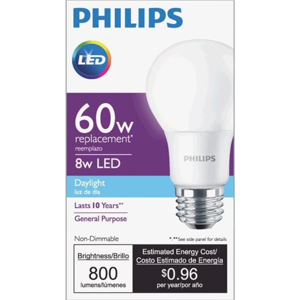 Philips 455618 8A19/LED/850/ND 120V 1PK/6 A19 A Line Pear LED Light Bulb