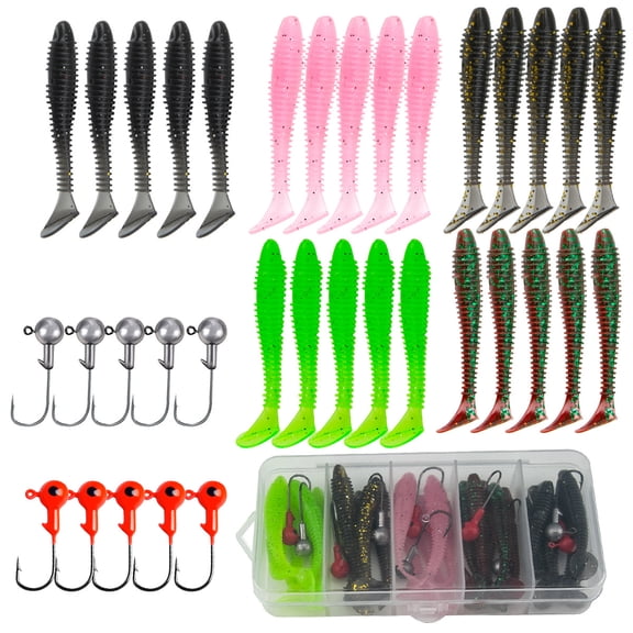M altemura 25PCS T-Tail Soft Fishing Lures Kit with 10 Hooks & Tackle Box, Mixed Color Paddle Tail Swimbaits, Realistic Soft Plastic Fishing Baits for Bass Trout Freshwater & Saltwater