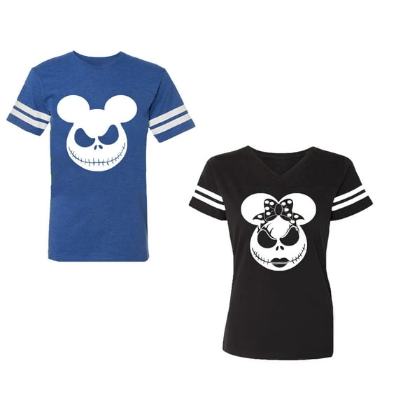 Halloween Jack Mouse EarsUnisex Couple Matching Cotton Jersey style T-Shirt Contrasting stripes on sleeves (Men Royal / Women Black) (Men S / Women S)