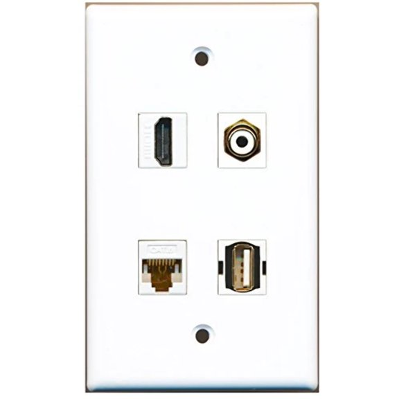 RiteAV - 1 Port HDMI 1 Port RCA White 1 Port USB A-A 1 Port Cat6 Ethernet White Wall Plate
