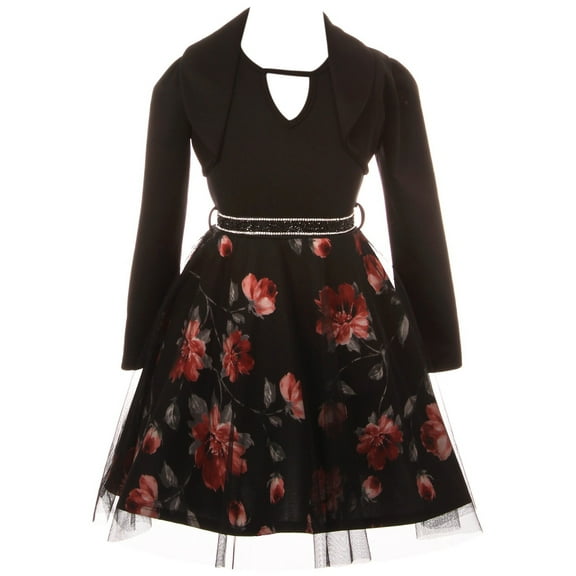 Big Girls 2 Pieces Set Floral Bolero Jacket Holiday Party Flower Girl Dress Black 10 (2J1K47S)
