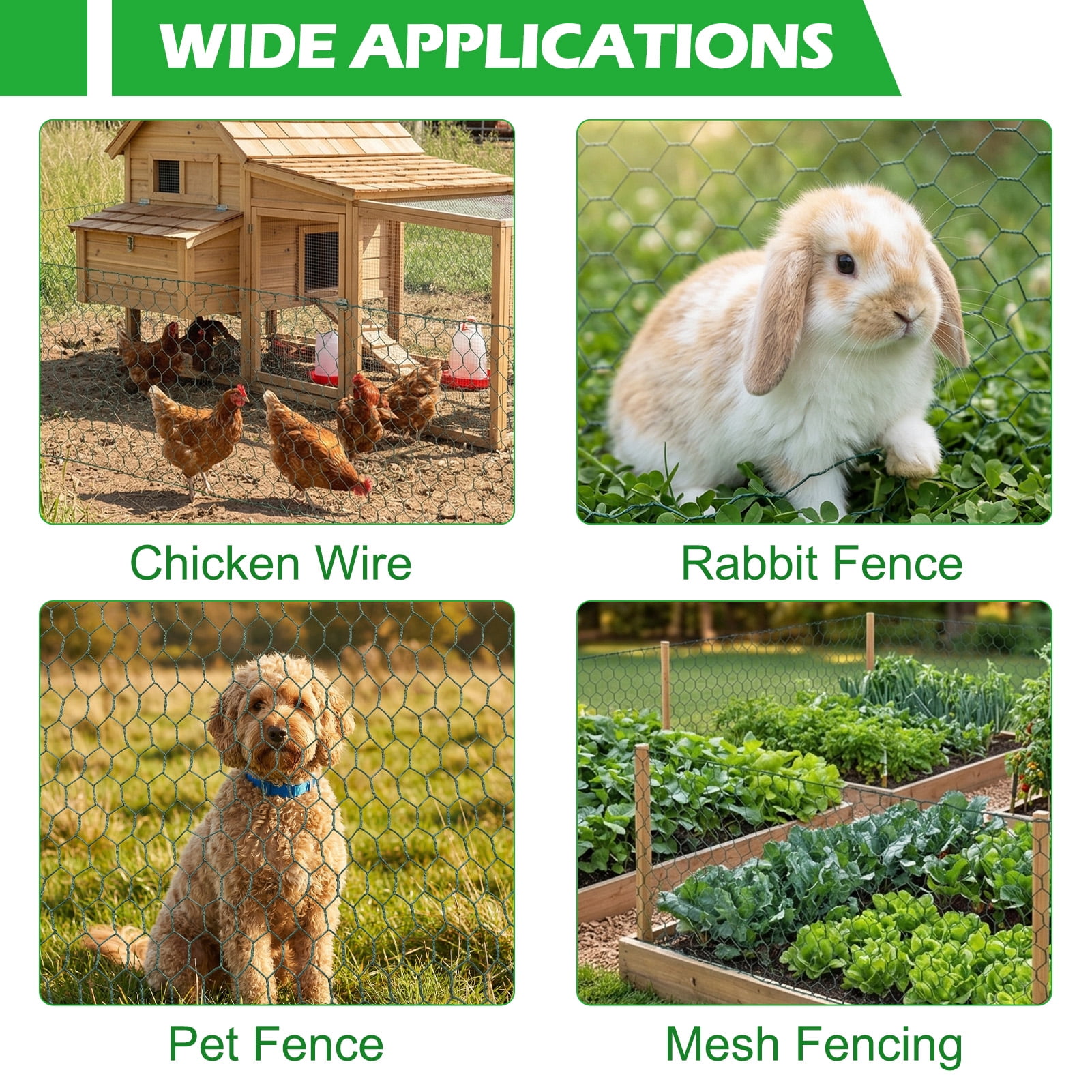 topjuju Chicken Wire Fencing Set , 15 x 394 Inches Green Chicken Wire Mesh with 50 Twist Ties, Pliers and Gloves, 0.6 Inch Hexagonal Galvanized PVC Coated Netting Fence for Crafts, Poultry, Garden