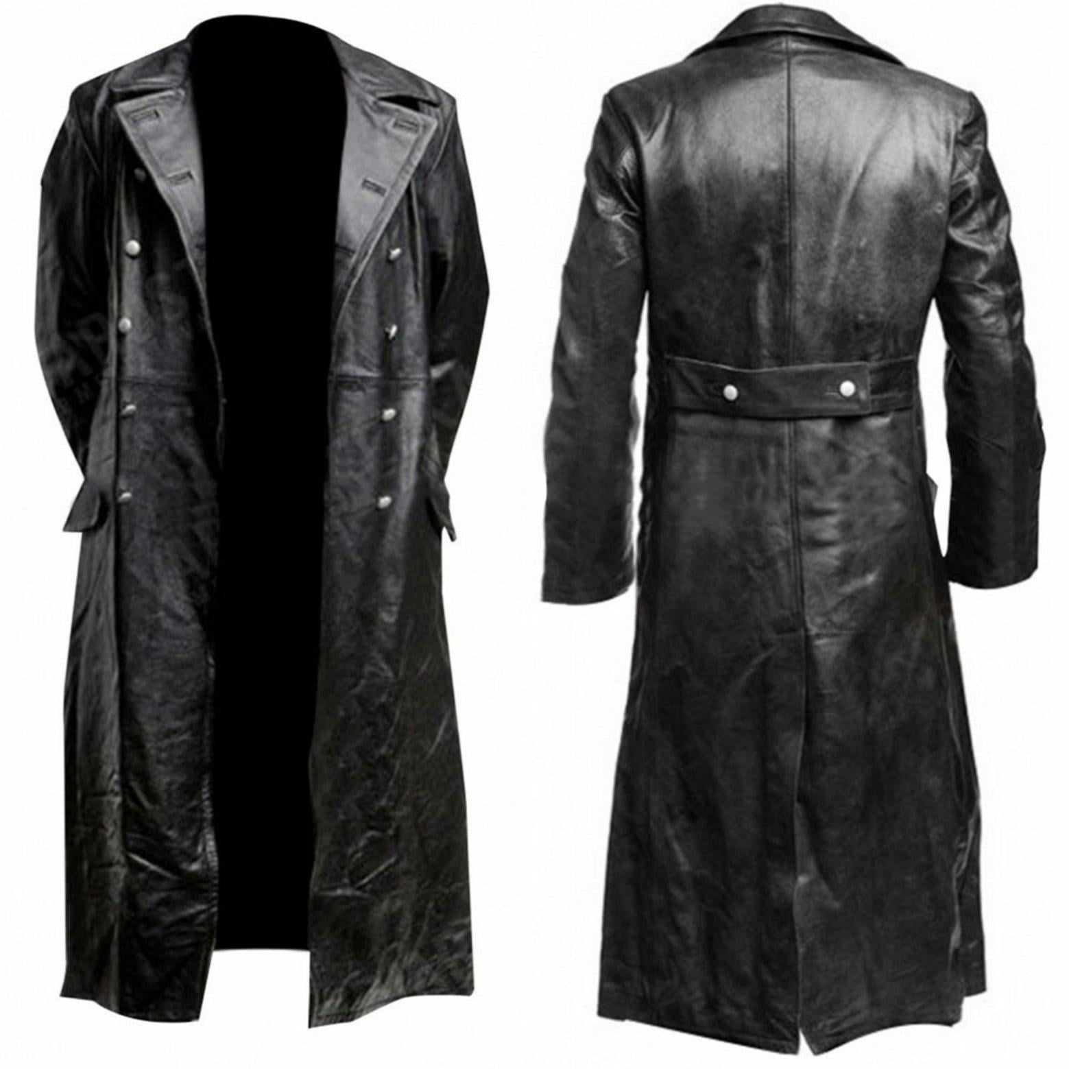 MENS GERMAN CLASSIC WW2 OFFICER MILITARY UNIFORM BLACK LEATHER TRENCH COAT 