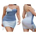 thumbnail image 4 of Femmes Sans Manches Fronde Robe Bodycon Contraste Couleur une Épaule Bretelles Spaghetti Dos Nu Robe de Cocktail Parti Club Mini Robe, 4 of 6