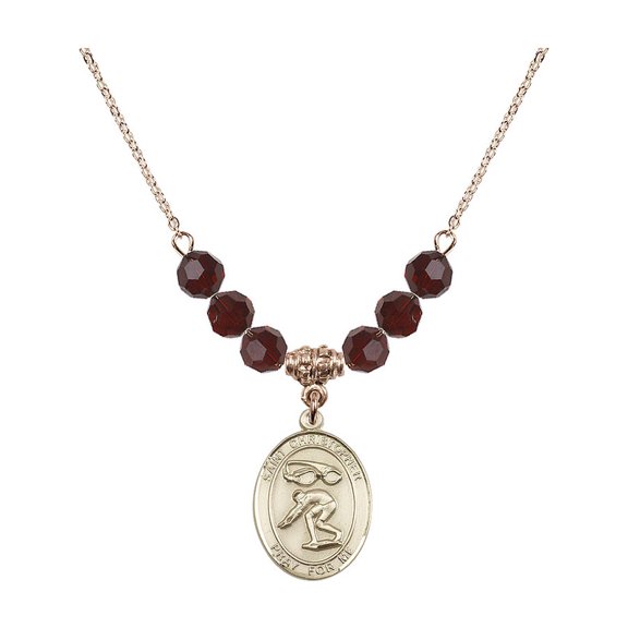 18-Inch Hamilton Gold Plated Necklace with 6mm Red January Birth Month Stone Beads and Saint Christopher/Swimming Charm