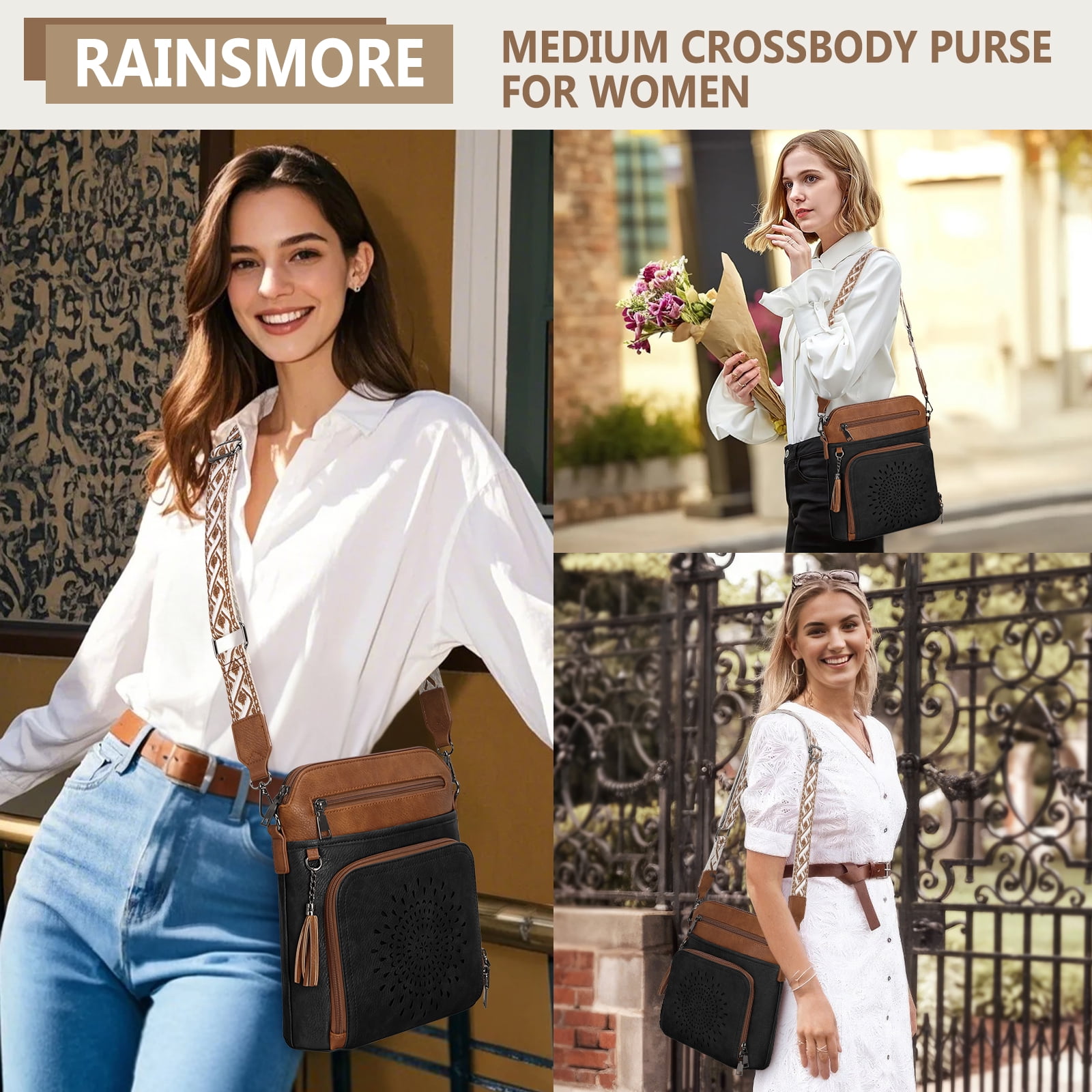 RAINSMORE Crossbody Bags for Women Leather Crossbody Purse Designer Womens Shoulder Handbags Trendy Cross Body Purse,BlackBrown