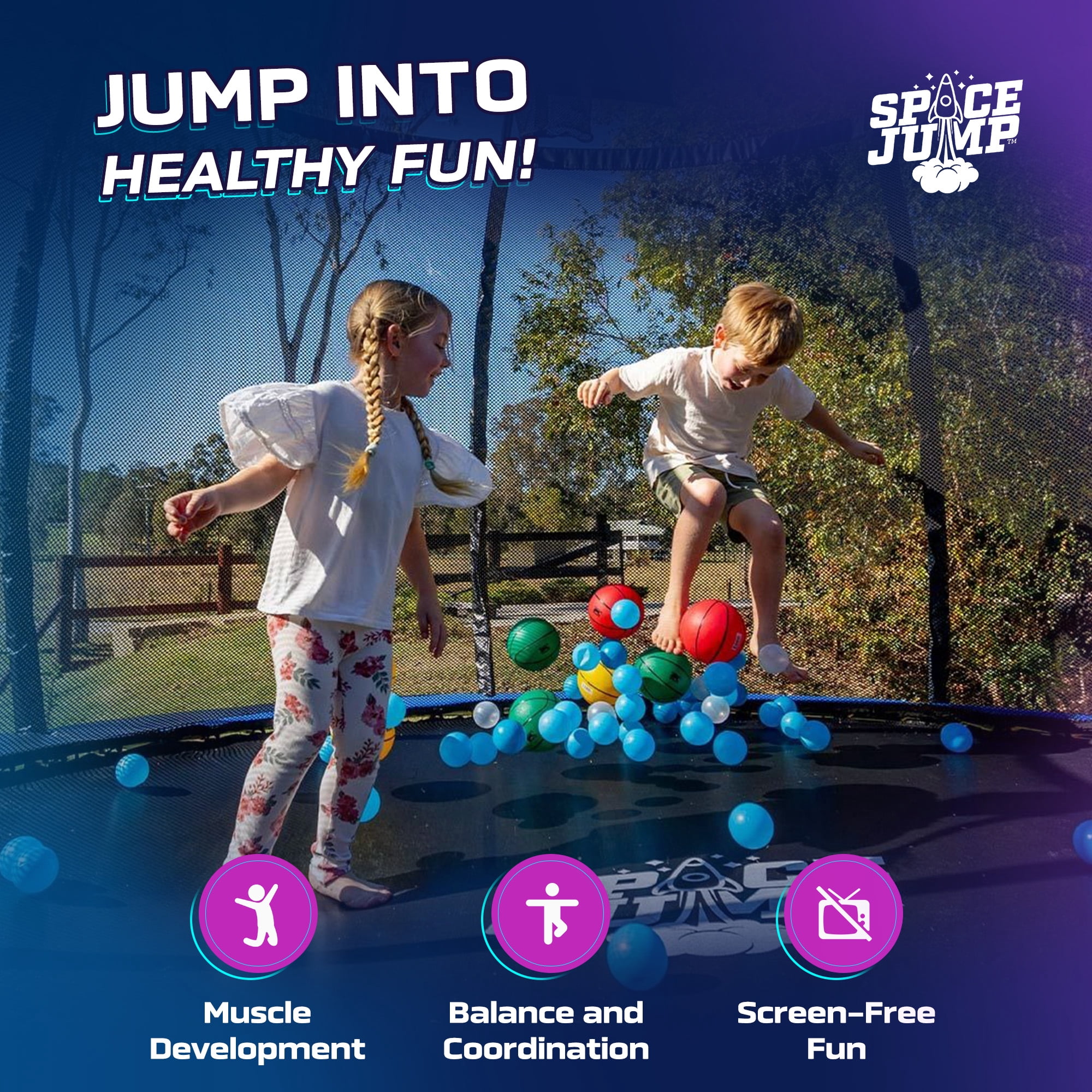 SpaceJump Lunar 16 Foot Trampoline, Outdoor Round Bouncer with Safety Net, Black