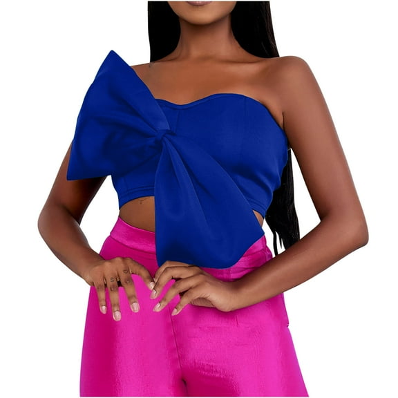 jtjvou Women's Bow Tie Tube Tops Bra Strapless Backless Crop Tank Top Blue L