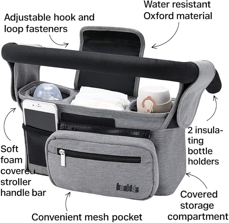 Universal Stroller Organizer with Insulated Cup Holder, Detachable Phone Bag, Shoulder Strap – Fits All Stroller Types, Keeps Drinks Hot/Cold