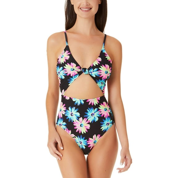 California Waves Womens Juniors Floral Print Cut-Out One-Piece Swimsuit