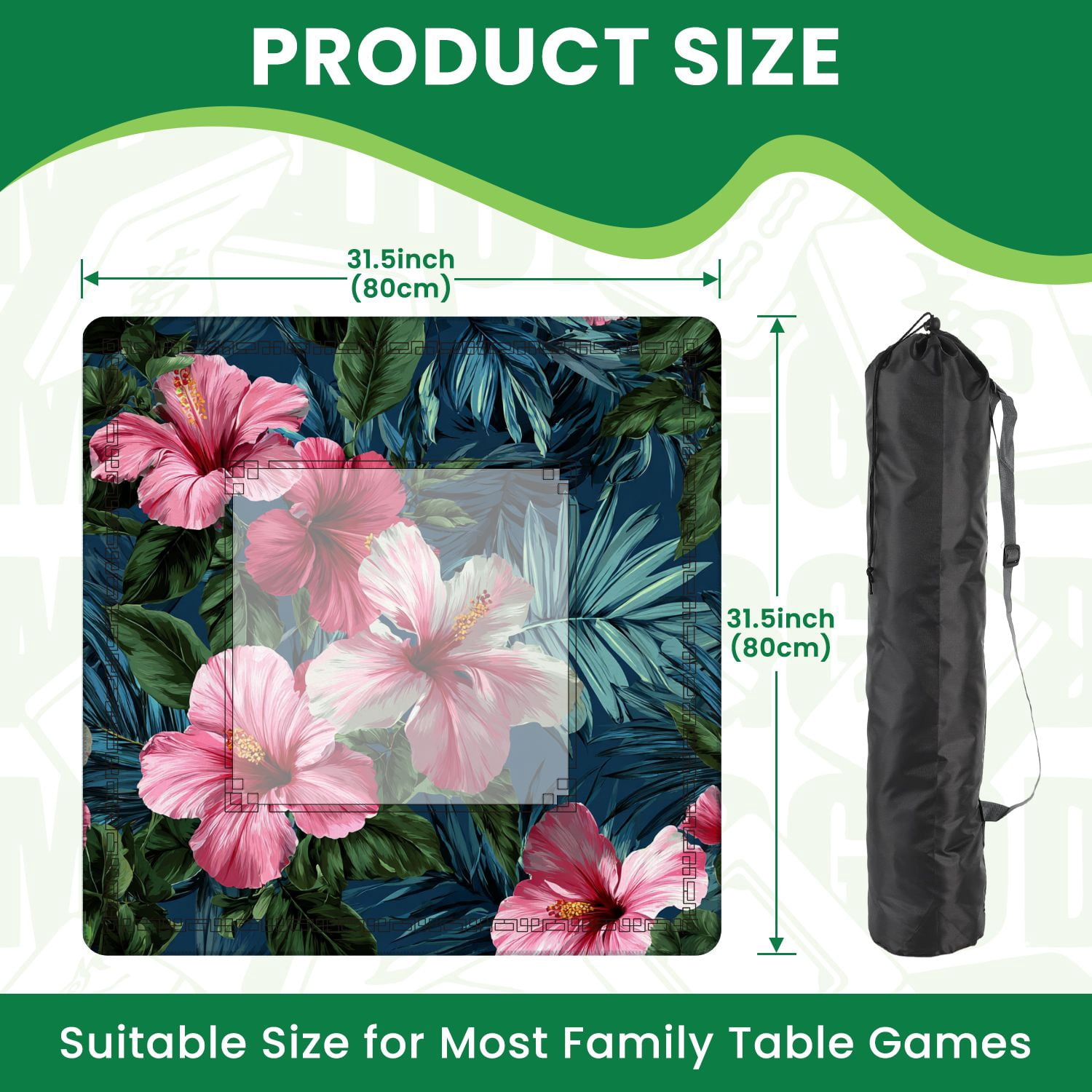 Mahjong Mat 31.5" x 31.5" Exotic tropical flowers pink hibiscus green monstera palm leaves Non-Slip Noise Reduction American Mahjong Tiles Table Cover for Dominoes Poker Card Board Games Gift