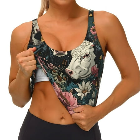 Qokaie Vintage Sunflower Cow Pattern Womens Scoop Neck Sports Bra Breathable Workout Vest Padded U Back Medium Impact Fitness Gym Yoga Bra Workout Crop Top