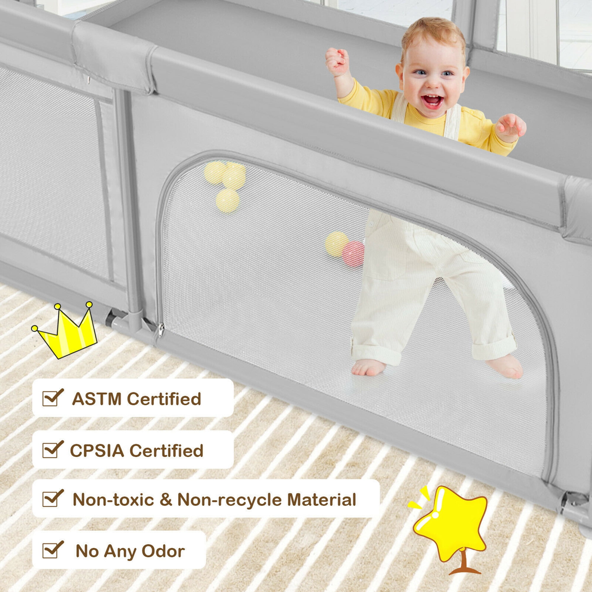 Gymax Extra-Large Safety Baby Fence Baby Playpen with 50 Ocean Balls Gray