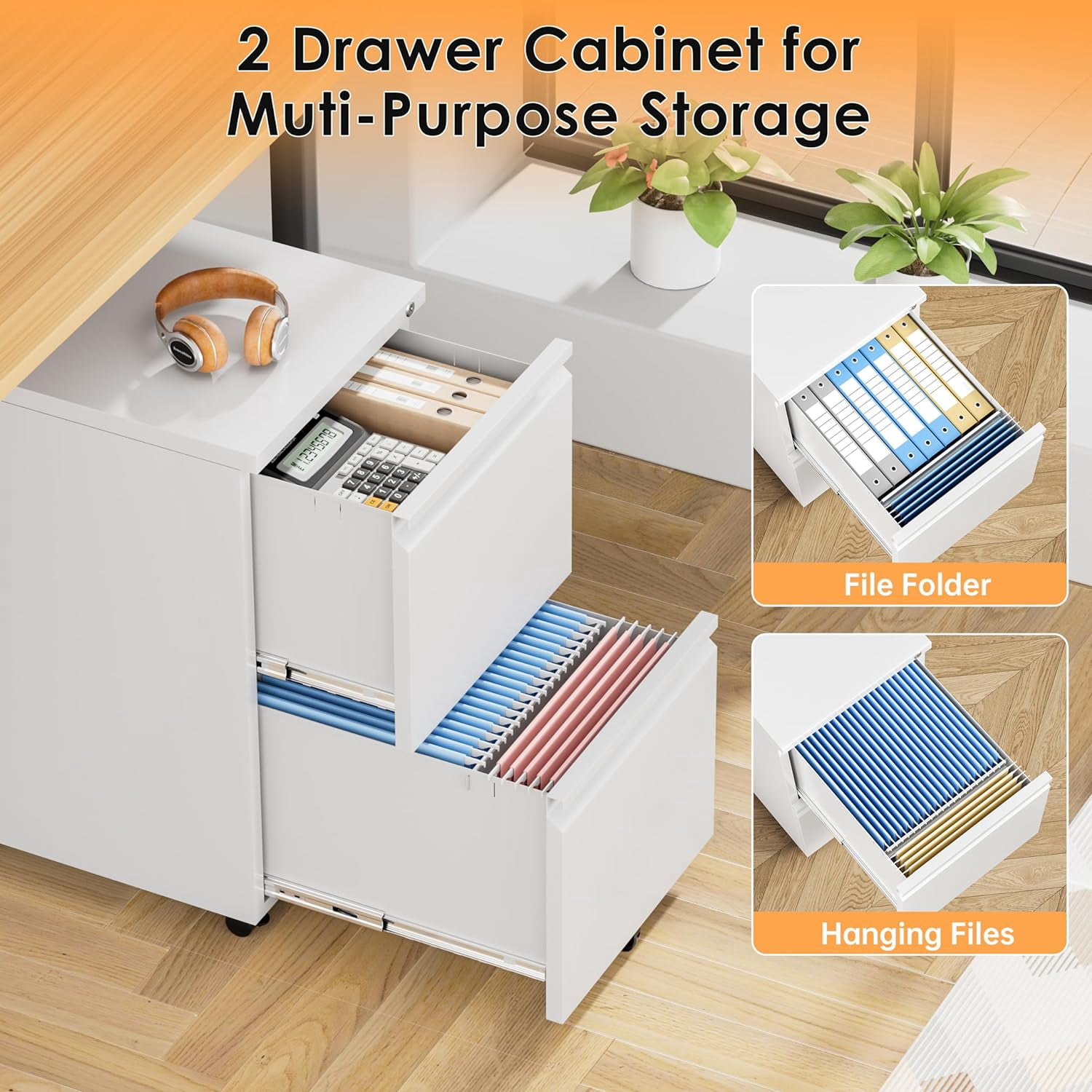 2 Drawer File Cabinet with Lock, Metal Vertical Filing Cabinet Under Desk for Legal Letter File Anti-Tilt Design Office Rolling File Cabinet(White B)