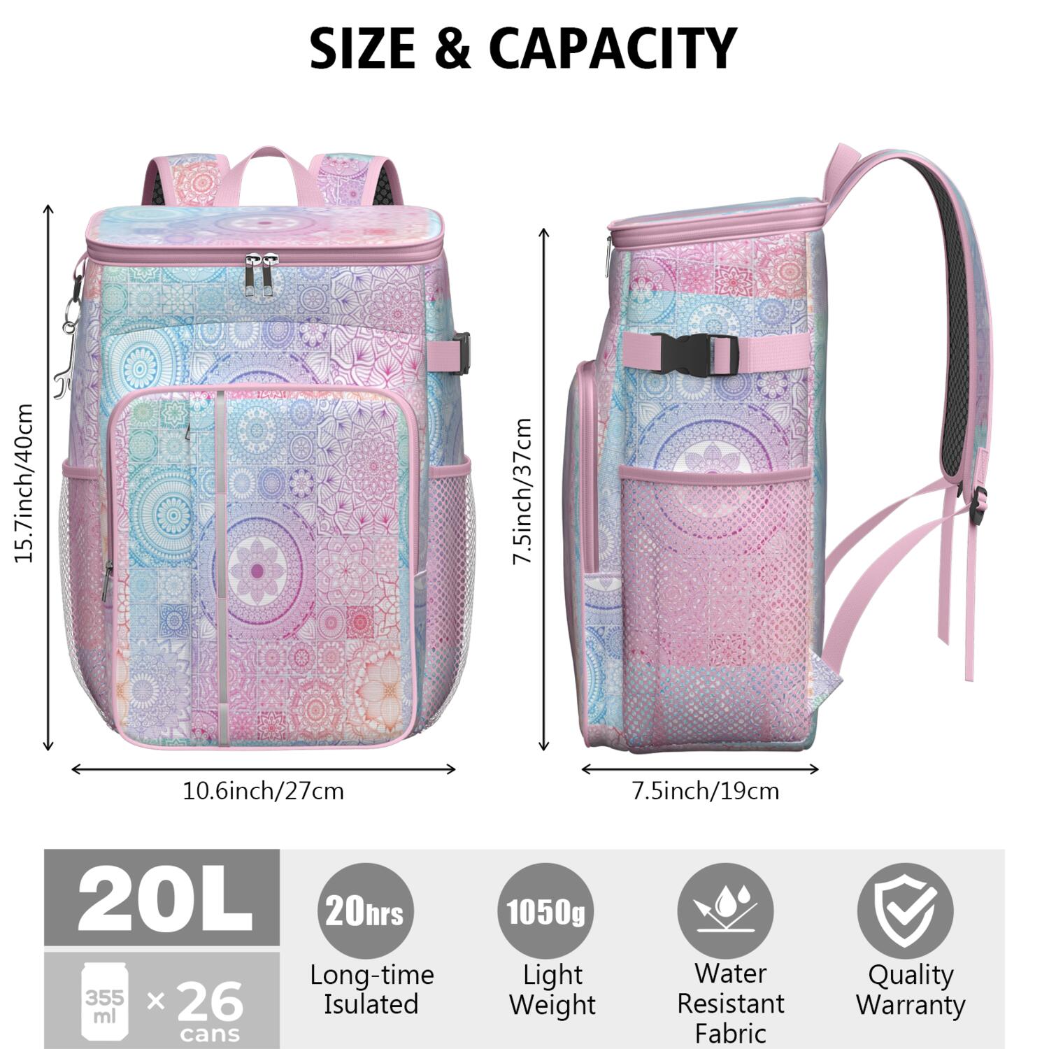 Travel Cooler Bag - Boho Bohemia Flower Camping Beer Cooler Backpack with Bottle Opener- Waterproof Insulated Picnic Backpacks - Cooler Bag for Beach