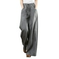 thumbnail image 1 of Pantalones palazzo de algodón y lino de cintura alta para mujer, con bolsillos, pantalones informales para estar por casa., 1 of 4