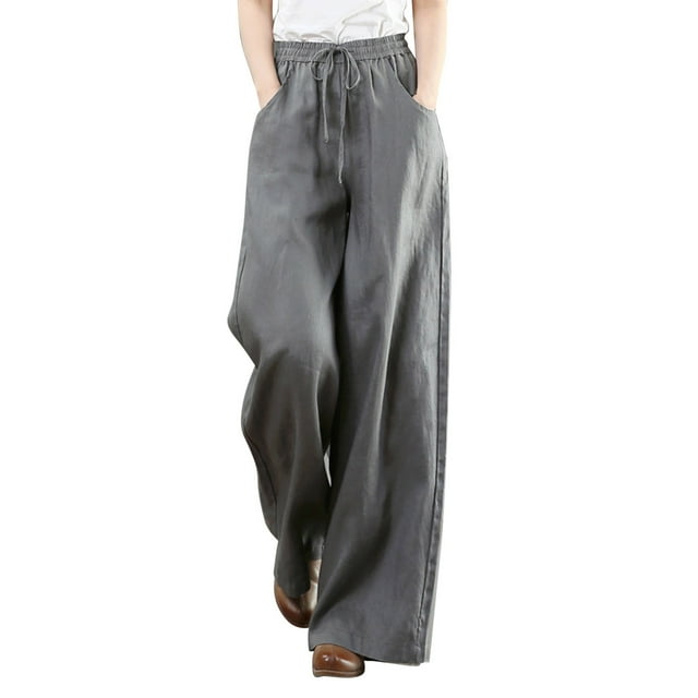 Pantalones palazzo de algodón y lino de cintura alta para mujer, con bolsillos, pantalones informales para estar por casa.