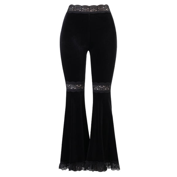 Women Gothic Black Velvet Flare Pants Harajuku Sexy Hollow Out Lace Patchwork High Waist Skinny Bell Bottom Trousers